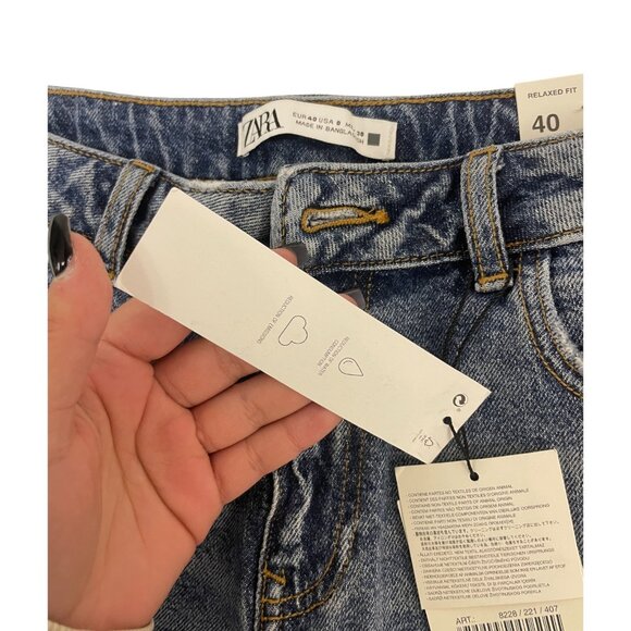 Zara Womens Crop Jeans EU 40 US 8 Relaxed Fit Blue Denim Distressed 8228/221 NWT - Picture 7 of 16